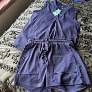 AUSELILY Women's Two Piece Sets Waffle Knit Summer. Navy blue size small